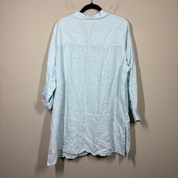 Tahari Essentials 2X Roll Tab Sleeves Linen Tunic Shirt Light Blue Button Up - Picture 2 of 9